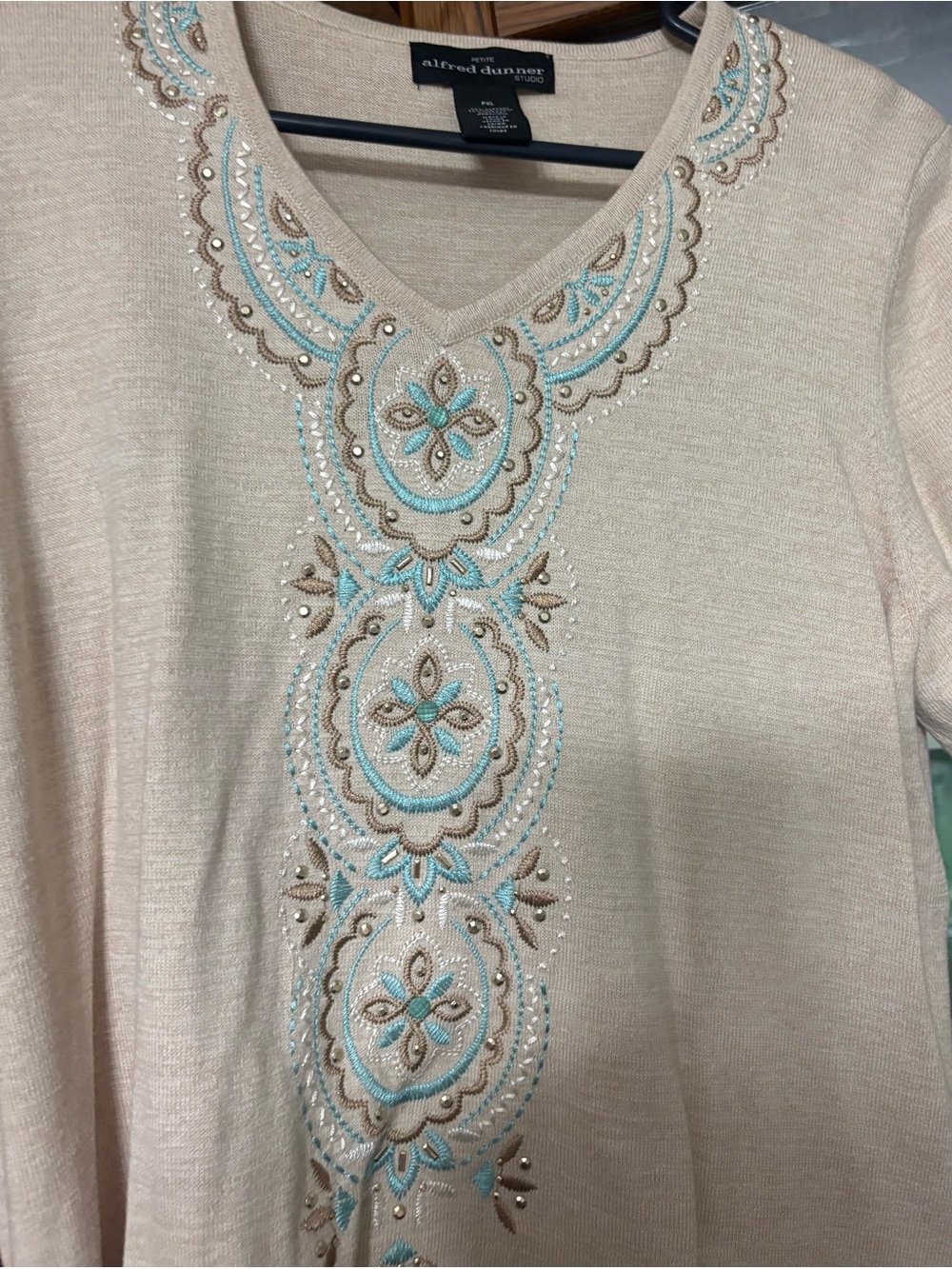 Alfred Dunner Cream Tunic Top with Turquoise & Taupe Embroidery